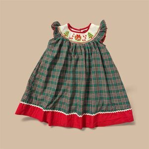Lil Cactus Christmas Smocked Green Plaid Bishop Dress | Size 2T